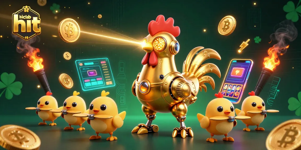 Hitclub showcases a golden rooster robot and chick drones amidst vibrant slot designs and crypto elements.