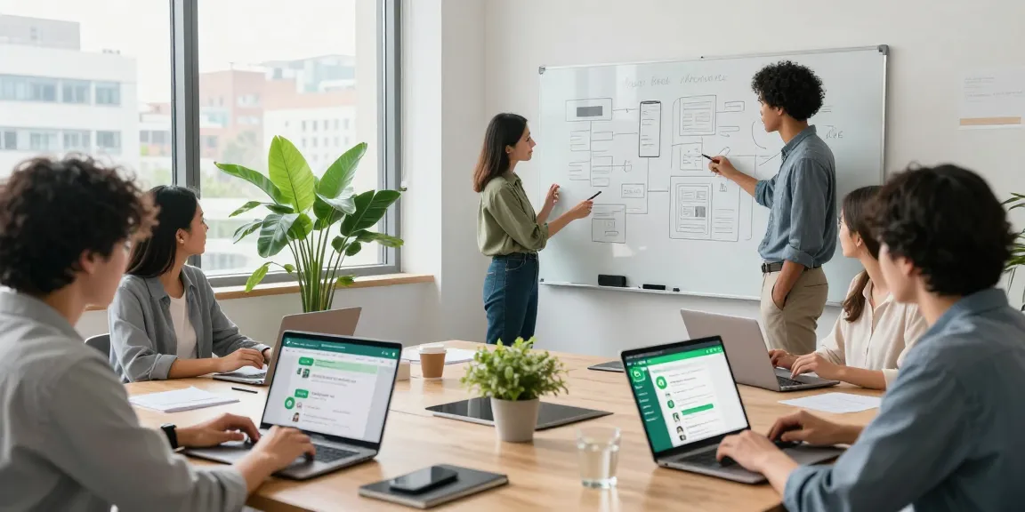 Team collaborating on WhatsApp網頁版 designs in a modern office