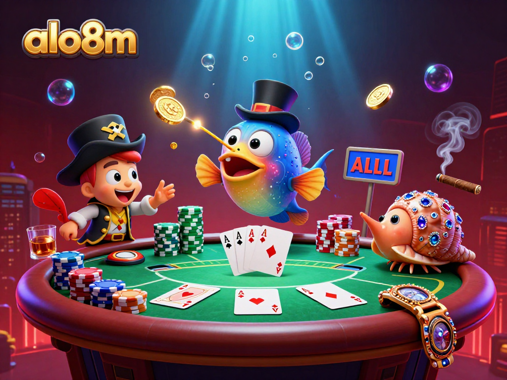 Join the excitement at alo8m with a vibrant underwater casino scene featuring playful characters and poker elements.