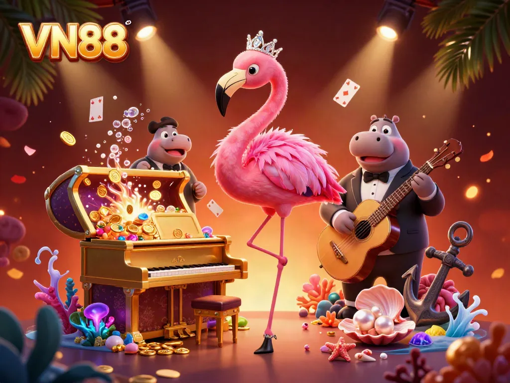 Experience vibrant gaming with VN88's lively casino scene featuring a flamingo singer and hippo bassist.
