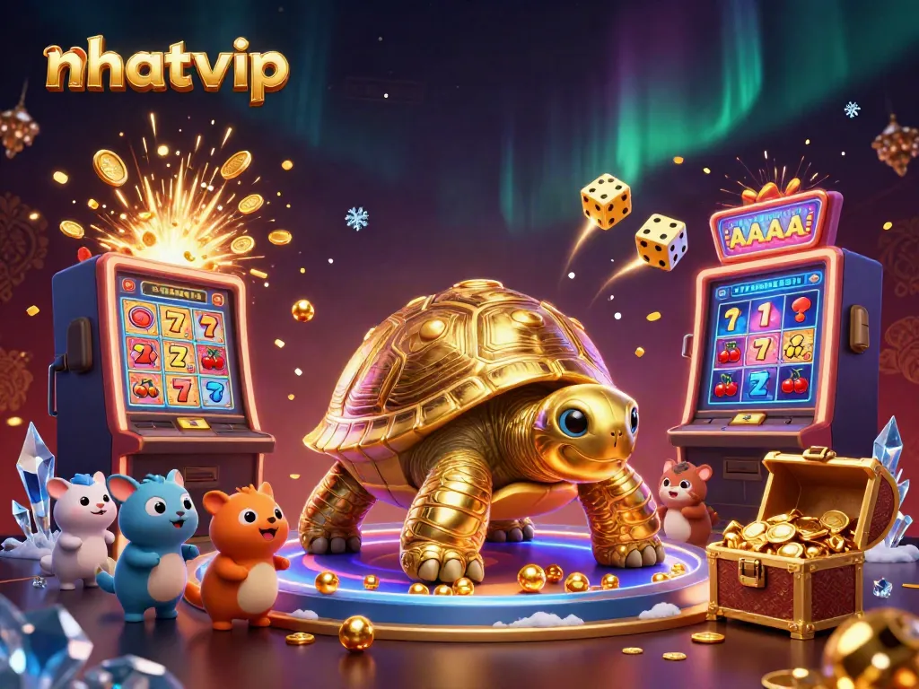 Nhatvip showcases a vibrant casino scene with a golden tortoise pinball machine and slot explosion.