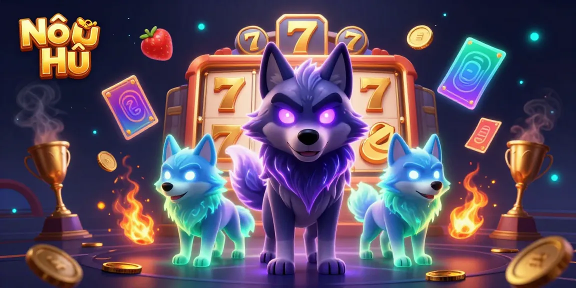 Nổ Hũ showcases dynamic casino art with vibrant 3D wolf characters amidst slot reels and gold coins.