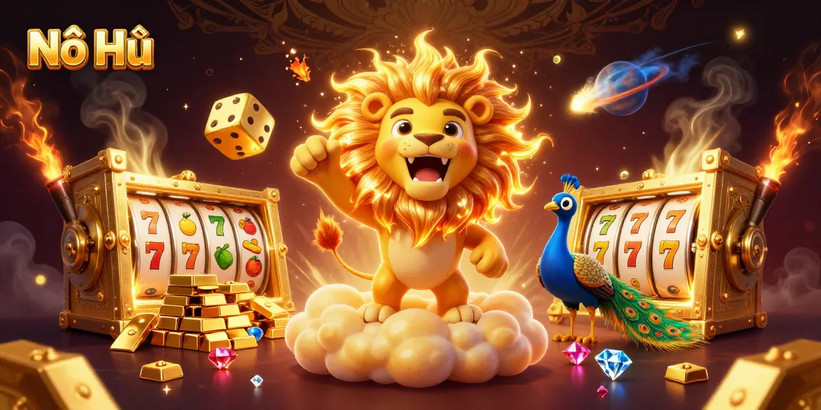 Nổ Hũ with a roaring sun lion amidst golden treasures and spinning slot reels in a dynamic casino scene.