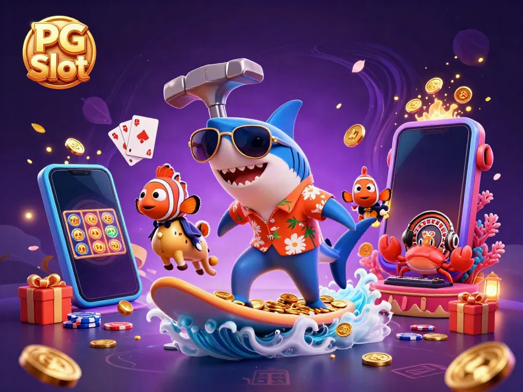 Experience the thrill of PG Slot with our vibrant 3D scene featuring animated characters and casino elements.