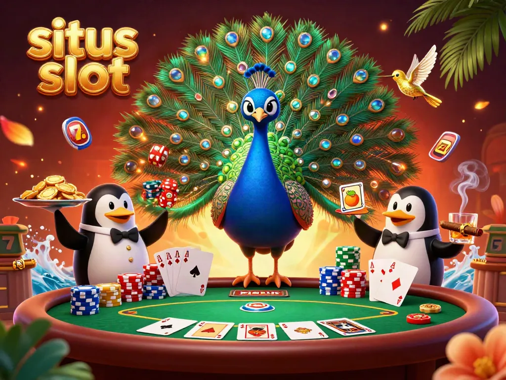 Engaging scene with a peacock, penguin, and hummingbird showcasing situs slot gaming excitement and vibrant casino elements.