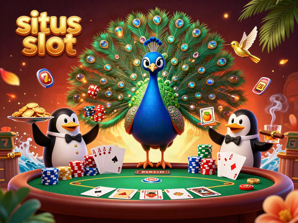Engaging scene with a peacock, penguin, and hummingbird showcasing situs slot gaming excitement and vibrant casino elements.
