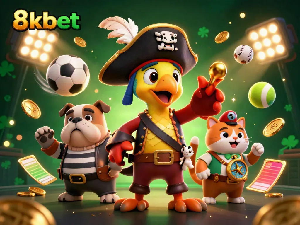 Engage in exciting betting action with 8kbet's dynamic 3D casino illustration showcasing lively characters and game elements.