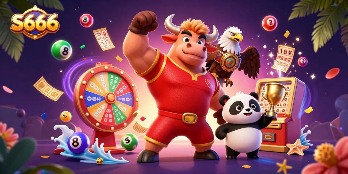 S666 players celebrating with a bull mascot and eagle, surrounded by dynamic lottery elements
