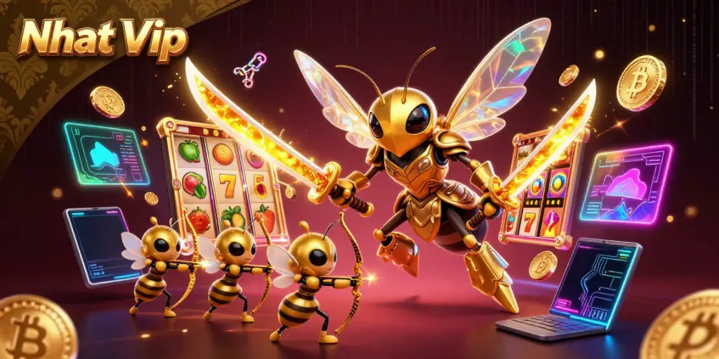 Nhat Vip engages players with a dynamic scene of samurai hornets exploring vibrant slot games.