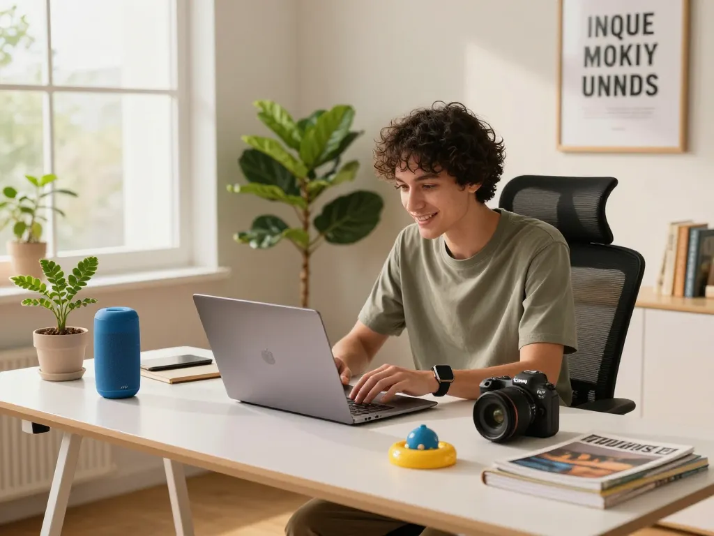 Exploring cool tech gadgets under $110 in a modern home office setting filled with bright natural light.