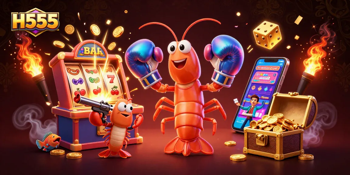 Experience thrilling gameplay with H555's vibrant digital casino scene featuring dynamic characters and festive elements.