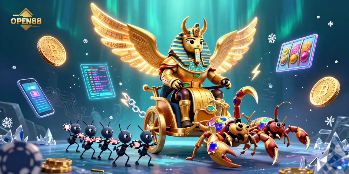 Experience the excitement of OPEN88 with vibrant characters and dynamic casino elements in a thrilling gaming scene.
