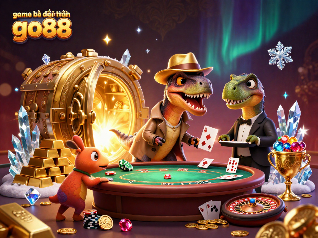 Experience the thrilling game bài đổi thưởng go88 with a cartoon velociraptor at a blackjack table, stealing the show!