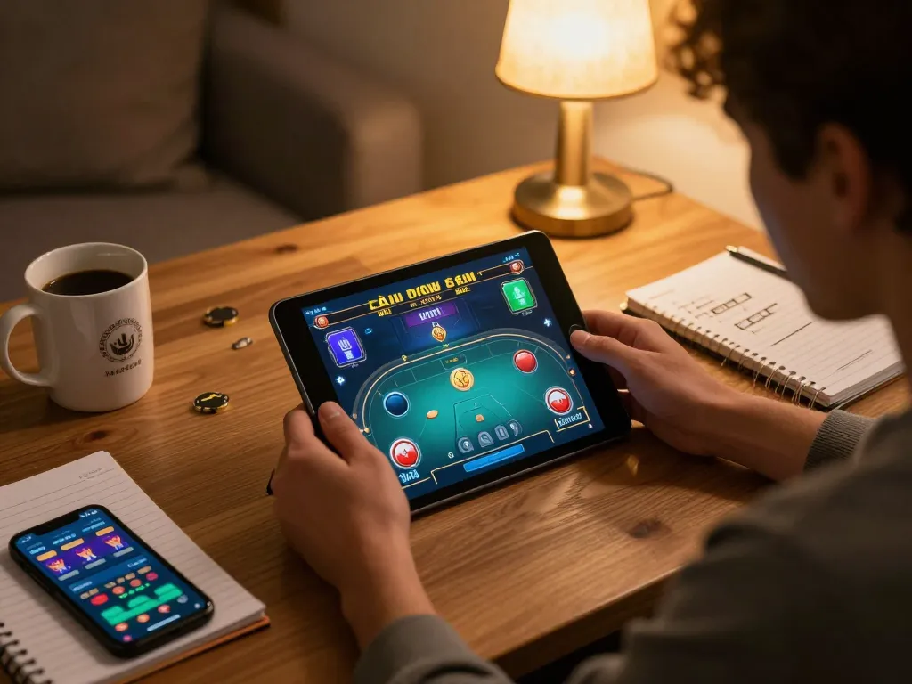 Engaged player focused on game bài đổi thưởng in a cozy home gaming setup, tablet showing vibrant poker