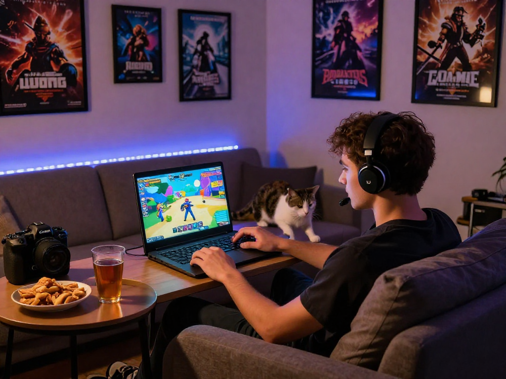 Engaging lewdspot gaming setup with colorful adult game on laptop in cozy environment