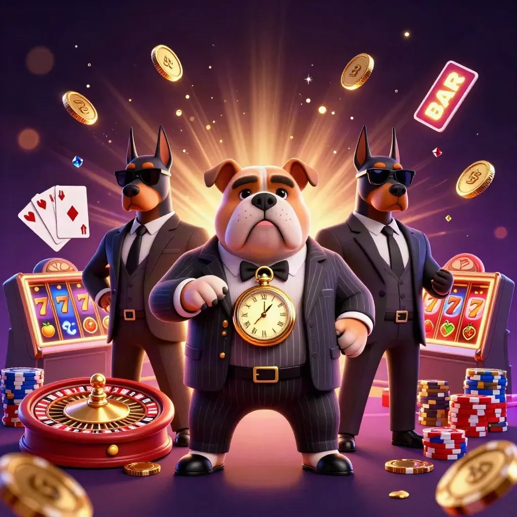 Bulldog mob boss and two Dobermans amid casino chips, coins, cards, and neon glow.