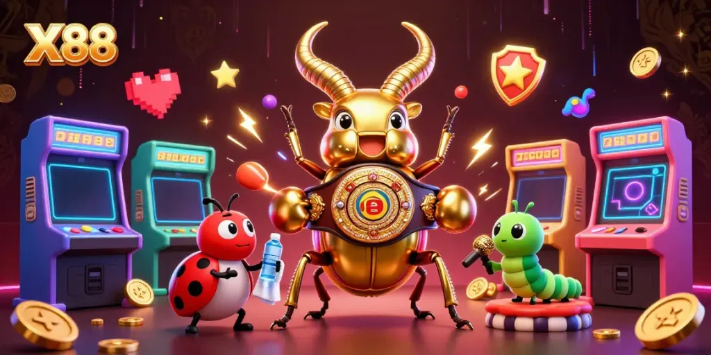 Engage with X88's vibrant 3D casino scene featuring dynamic gaming elements and vivid characters.