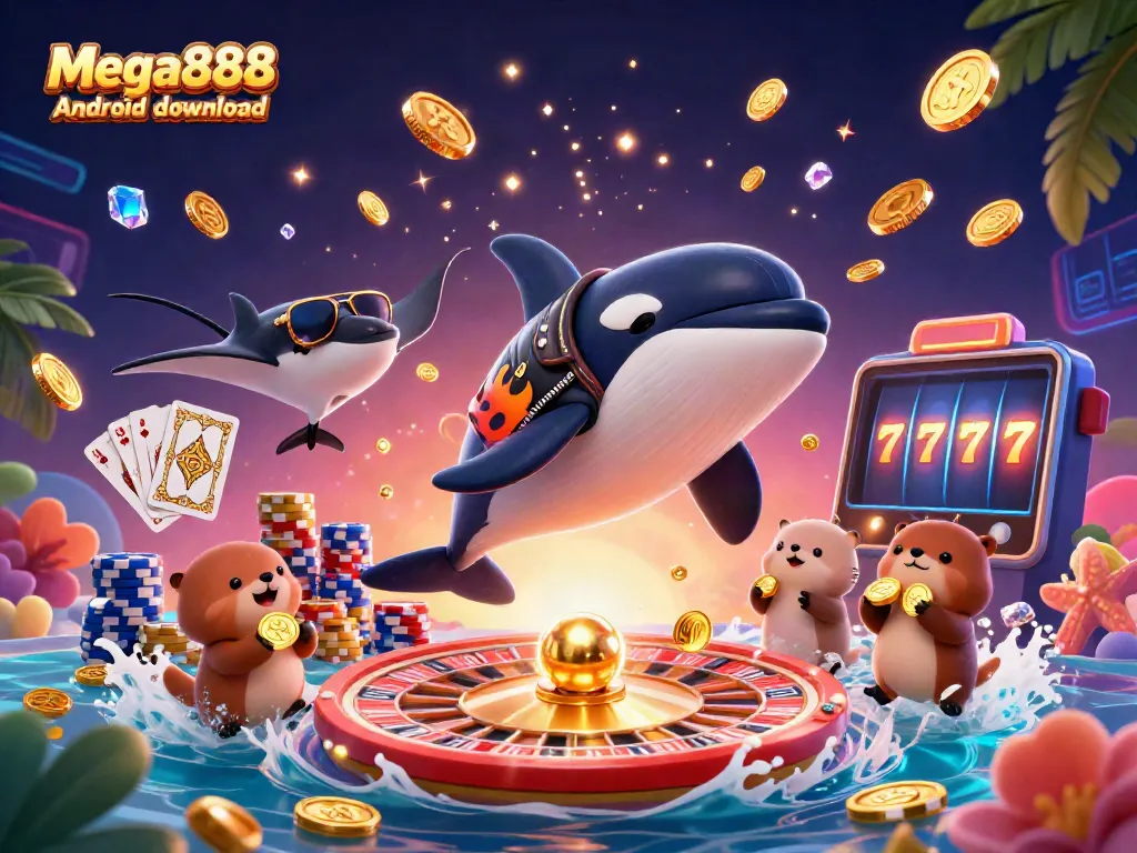 Mega888 Android download highlighted in a vibrant 3D scene with characters and casino elements.