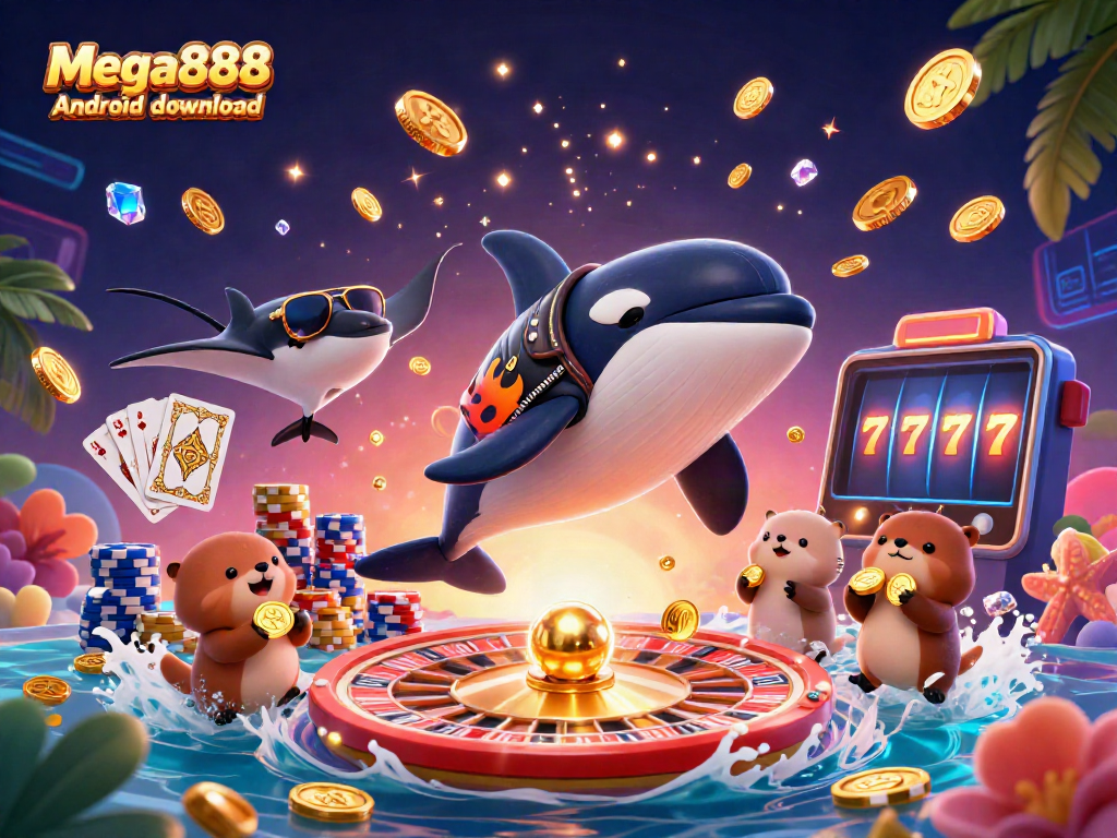 Mega888 Android download highlighted in a vibrant 3D scene with characters and casino elements.