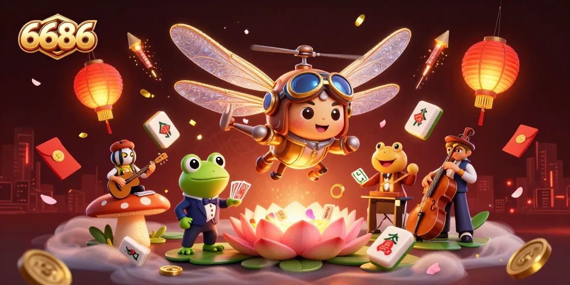 Experience thrilling gameplay at 6686's lily pad casino, featuring a frog croupier and vibrant characters.
