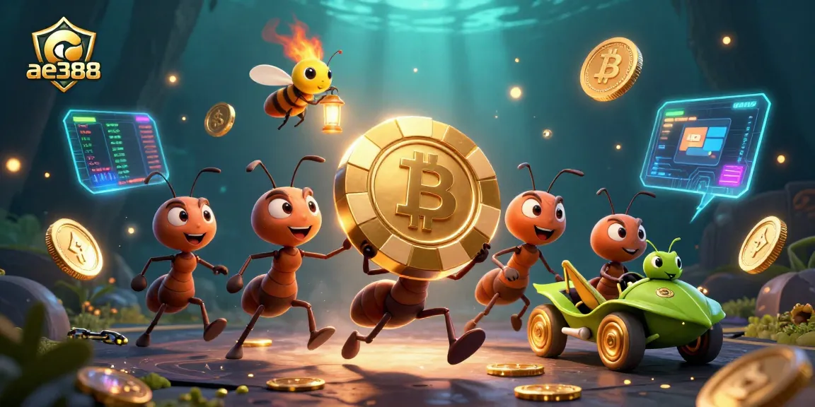 Experience the thrill of ae388 with cartoon ants heisting a giant poker chip amidst crypto elements.