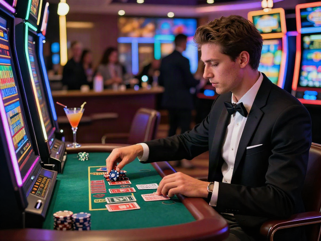 Player enjoying a thrilling experience at amex casinos, surrounded by vibrant slot machines and a lively atmosphere.