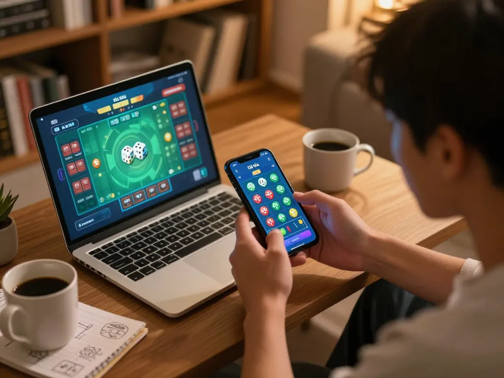 Engage with game tài xỉu on a mobile app in a cozy living room environment, highlighting strategic gameplay.