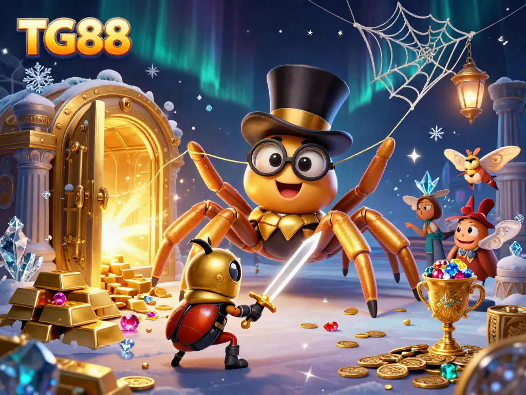 Experience the vibrant world of TG88 with a golden tarantula and beetle knight among casino treasures.