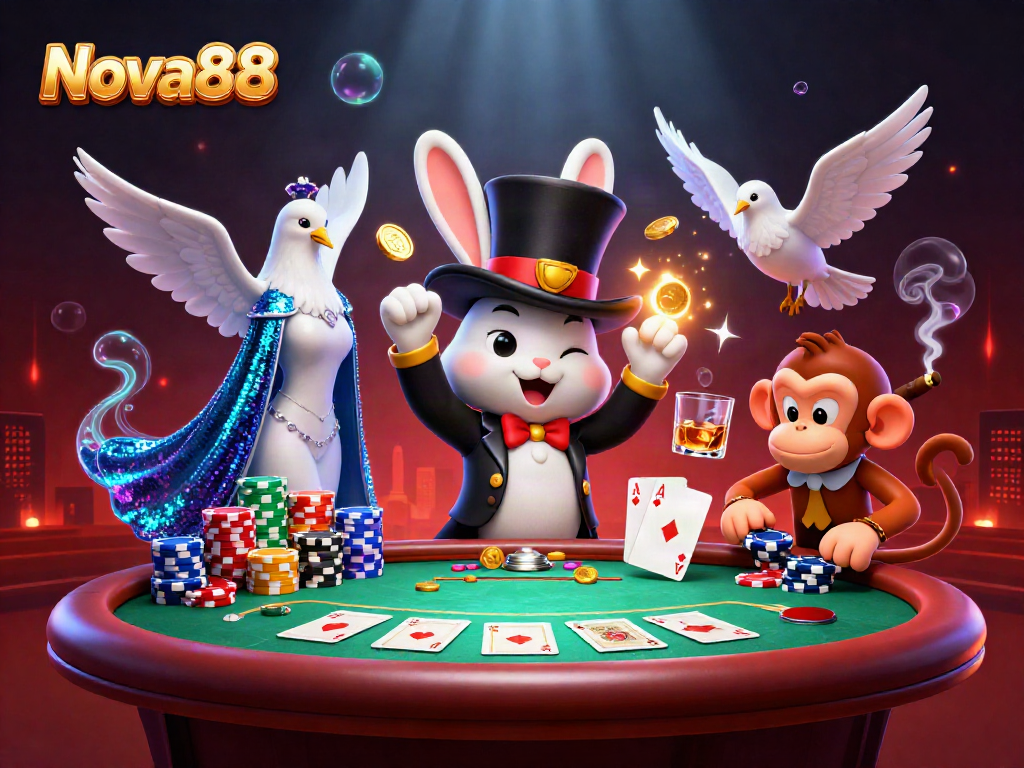 Experience the magic of Nova88 with a 3D cartoon scene of a magician rabbit, dove, and monkey in a lively casino.