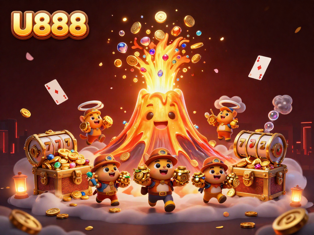 U888's vibrant 3D casino scene showcases treasures and dynamic characters in action.