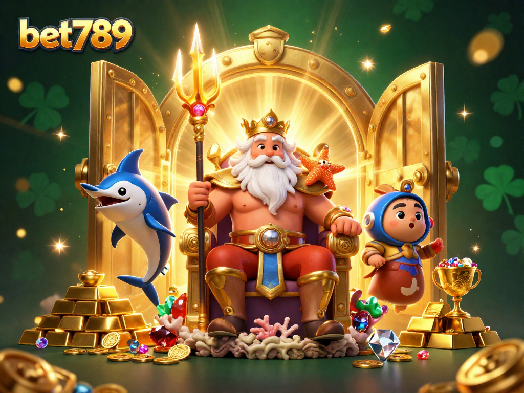 Join the excitement at bet789 with king Neptune and treasures in a vibrant casino scene!