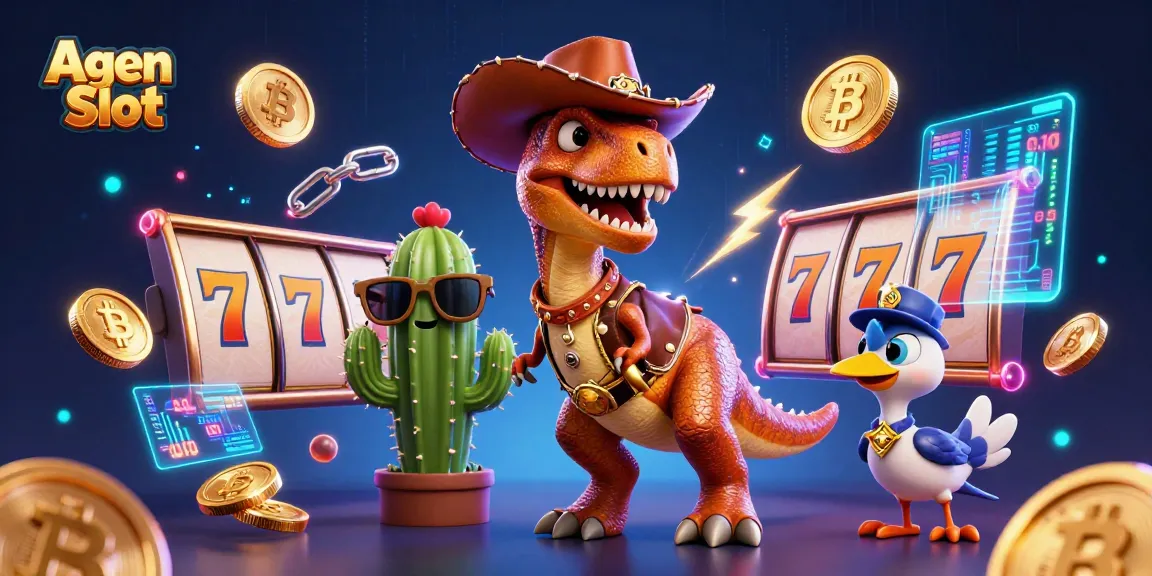 Experience thrilling Agen Slot gameplay with a vibrant T-Rex and friends in a colorful casino scene.