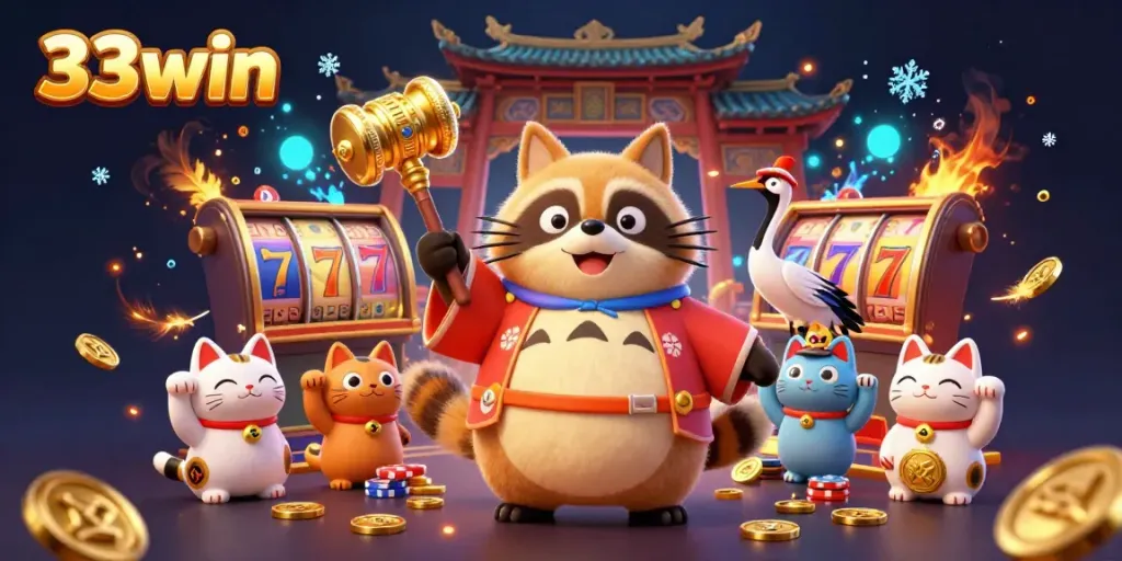 Exciting gaming scene with 33win's cheerful tanuki and maneki-neko amidst spinning slot reels and golden tokens.