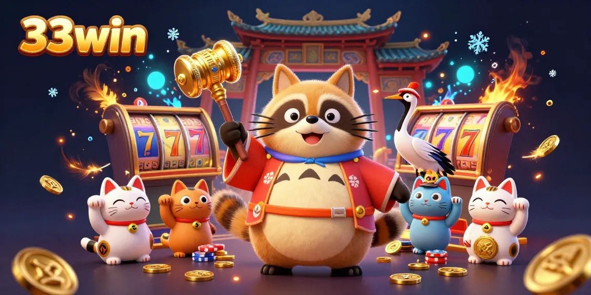 Exciting gaming scene with 33win's cheerful tanuki and maneki-neko amidst spinning slot reels and golden tokens.