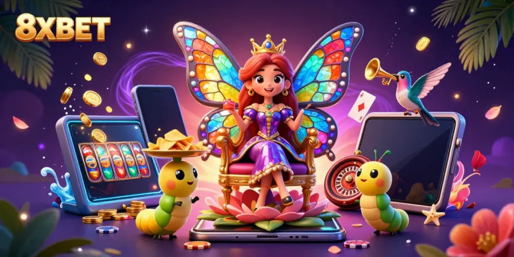 Engage with the colorful magic of 8XBET as the butterfly queen presides over a vibrant casino scene.