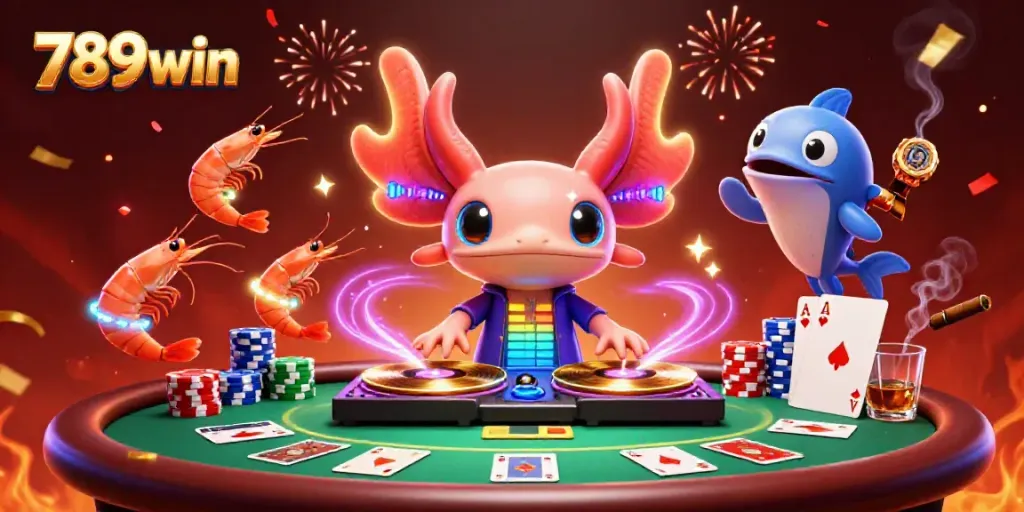 Experience the excitement of 789win with a vibrant underwater casino scene featuring a neon axolotl DJ and a lively cast of sea creatures.