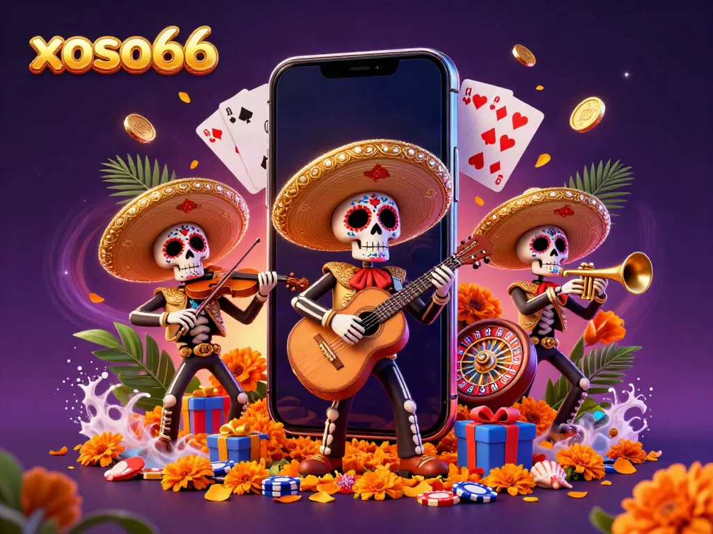 Join the excitement at xoso66 with a lively mariachi band amidst gaming action and vibrant cartoon elements.