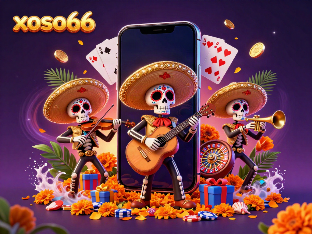Join the excitement at xoso66 with a lively mariachi band amidst gaming action and vibrant cartoon elements.