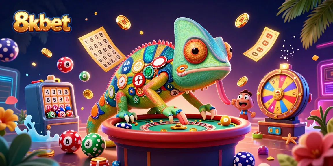 Experience excitement at 8xbet with the vibrant casino scene featuring colorful lottery balls and a chameleon owner.