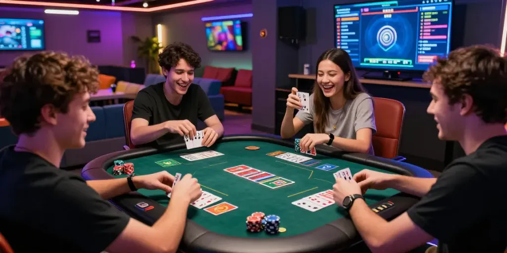 Exciting group playing 3 Patti no1 game in vibrant gaming lounge