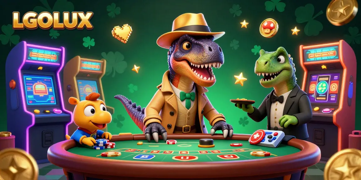 Experience thrilling gameplay at LGOLUX with a velociraptor card counter at the blackjack table amidst dazzling slot reels.