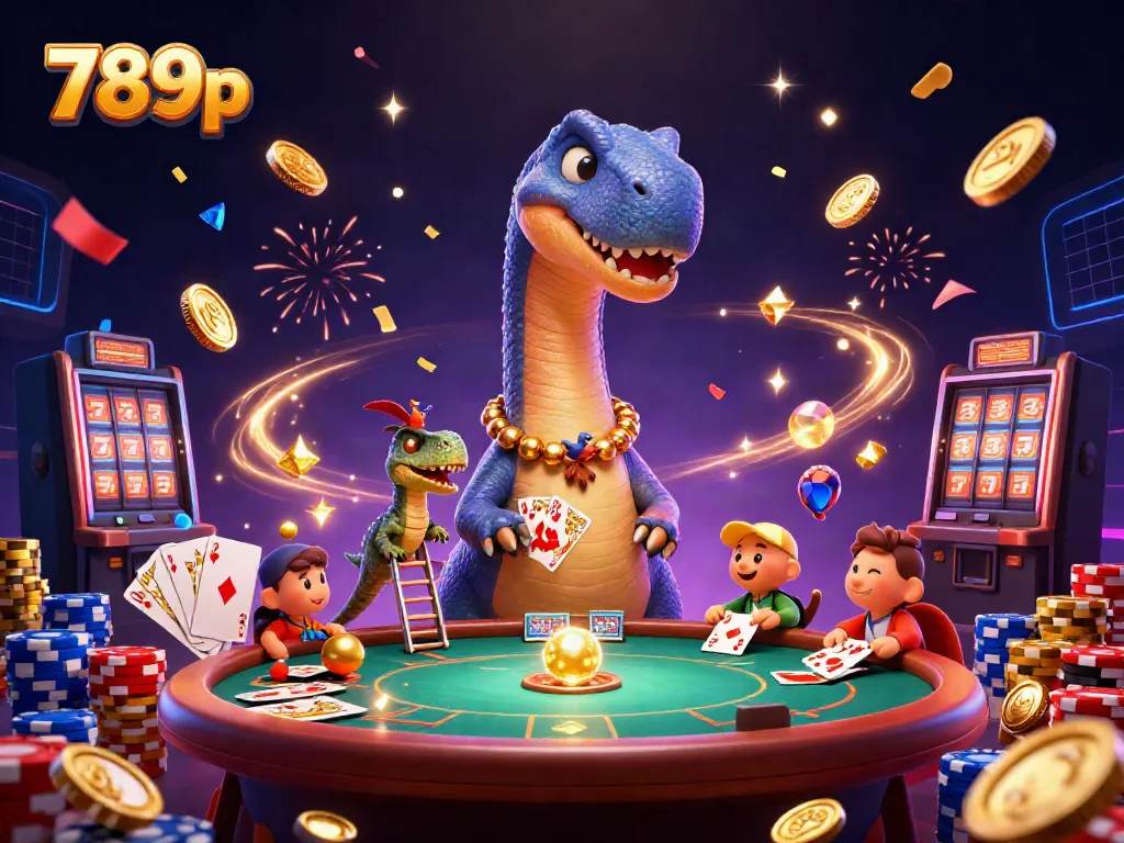 Experience the 789p casino excitement with a dinosaur dealer and overflowing treasures in a vibrant scene.