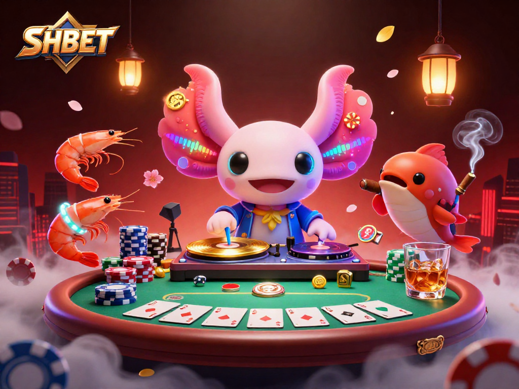 Engage in thrilling gameplay with SHBET's vibrant 3D illustration of an axolotl DJ and lively gambling elements.