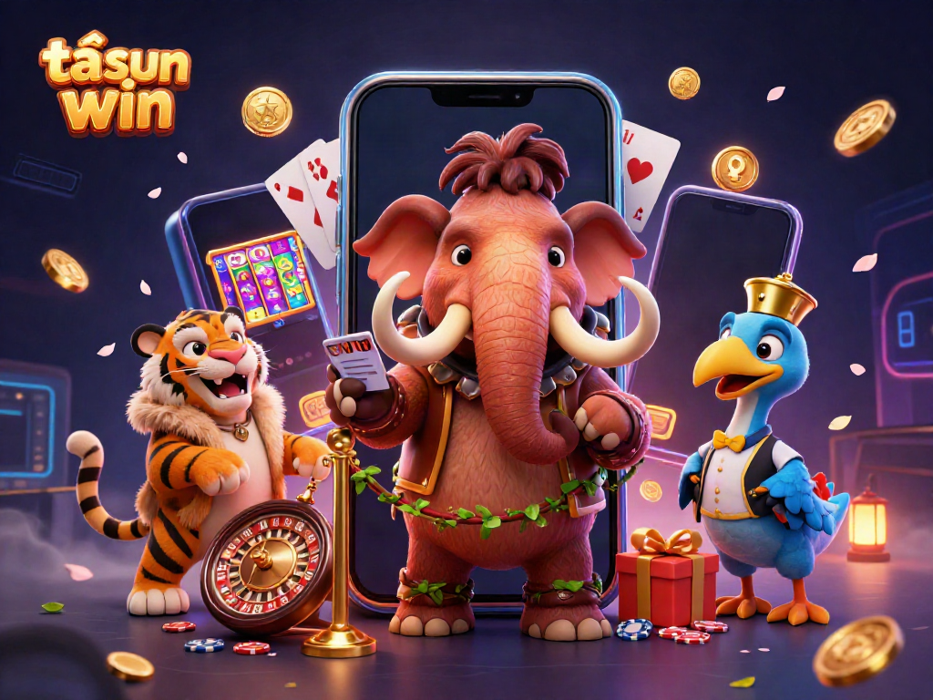 Experience excitement with tải sun win, featuring a woolly mammoth bouncer, saber-tooth tiger, and casino games in a dynamic scene.