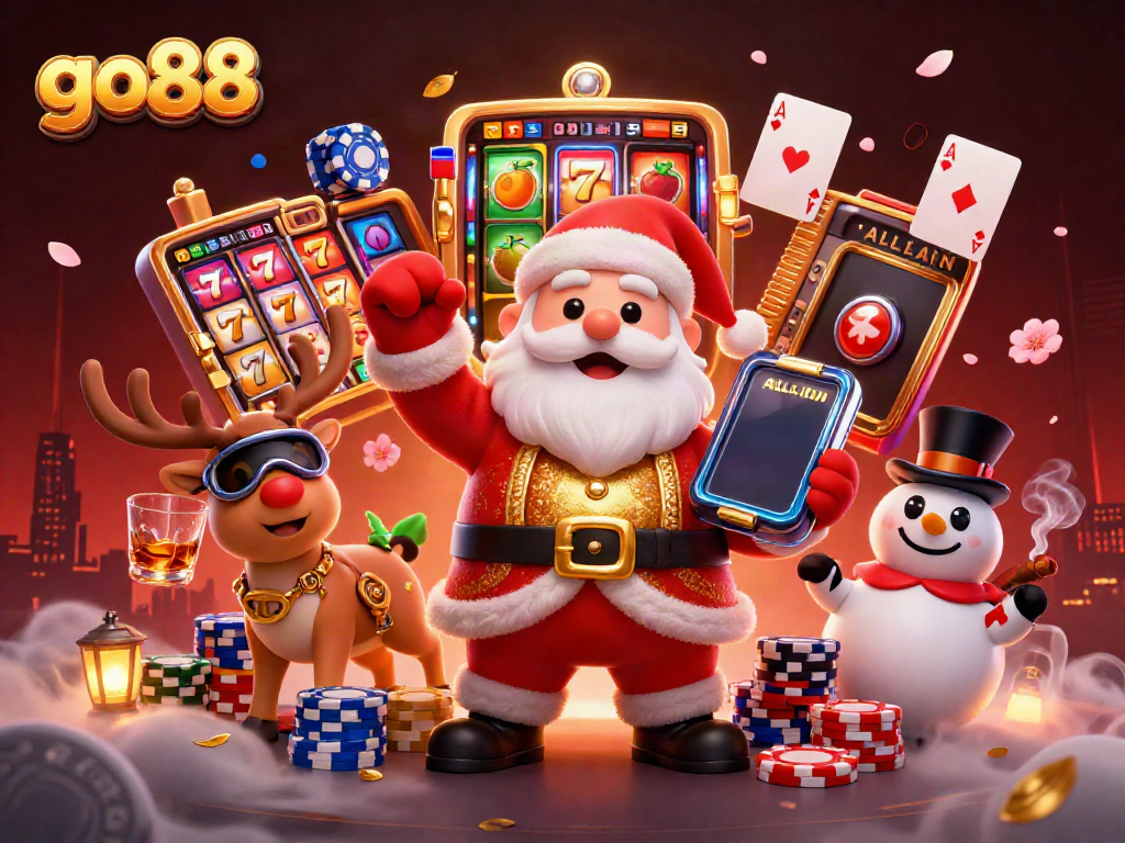 Experience the excitement of go88 with Santa, his reindeer, and a snowman in a vibrant casino scene.