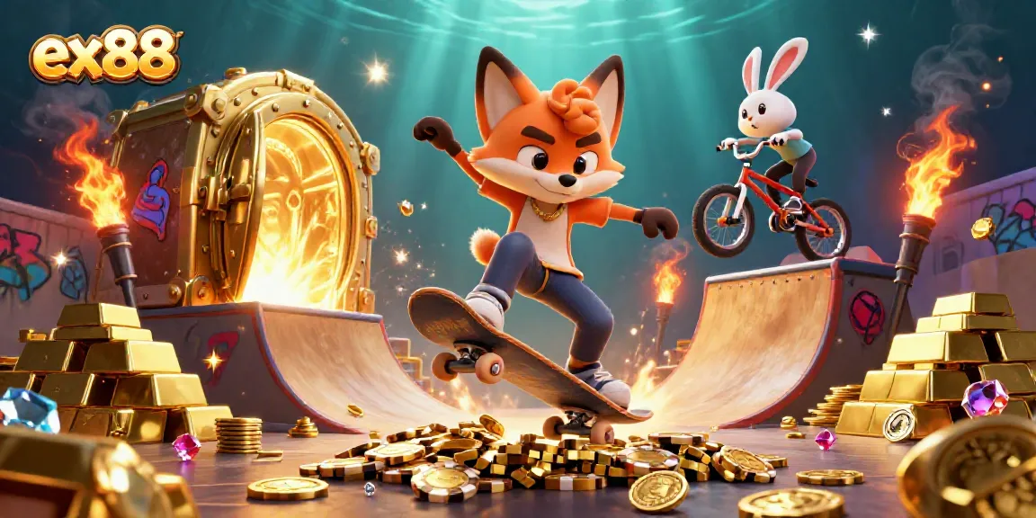 Experience the excitement of ex88 with vibrant casino elements and playful characters in this thrilling 3D scene.
