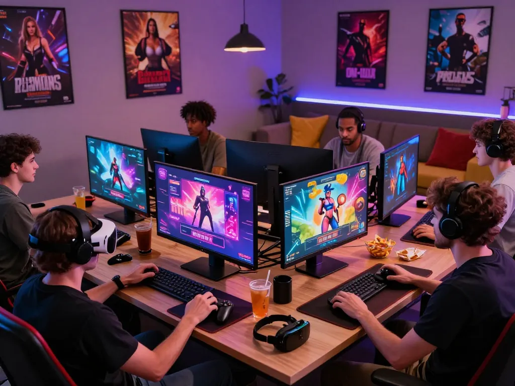 Engaged players enjoying game sex in a vibrant gaming room with immersive graphics.