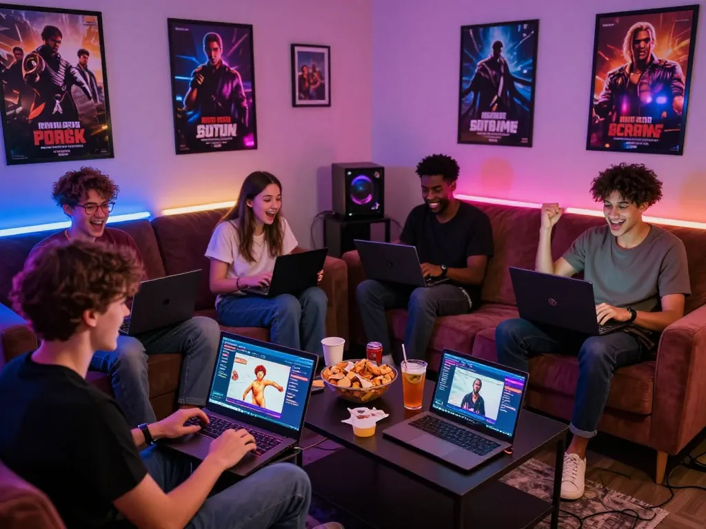 Players enjoying html porn games in a vibrant adult gaming lounge with colorful decor and snacks.