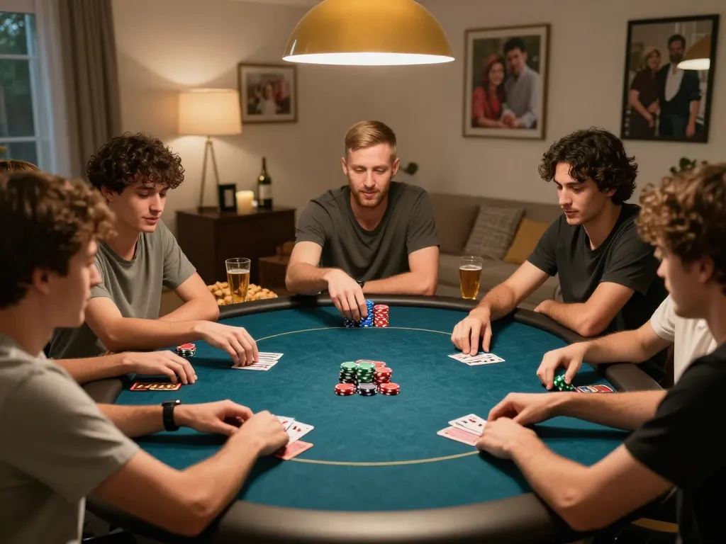 Daga players strategizing in home poker night, showcasing intense card game action