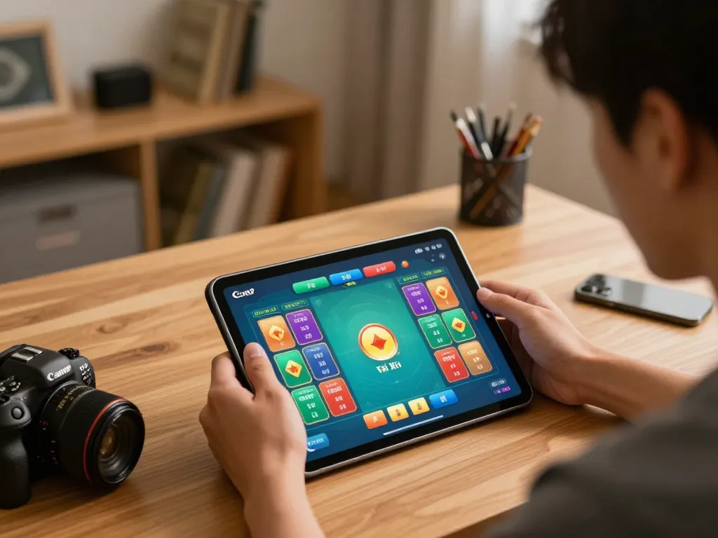 Player engaging in Tài Xỉu online at taixiuonlinego, showing vibrant game interface on tablet.